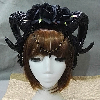 Three Roses Headband Halloween Vampire Demonsheep Horn Veil Hair Accessories