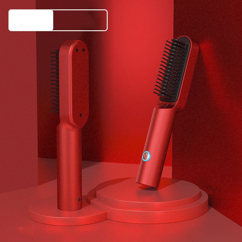 USB Rechargeable Hot Air Comb 2-in-1 Portable Hair Dryer Brush and Straightener Curler