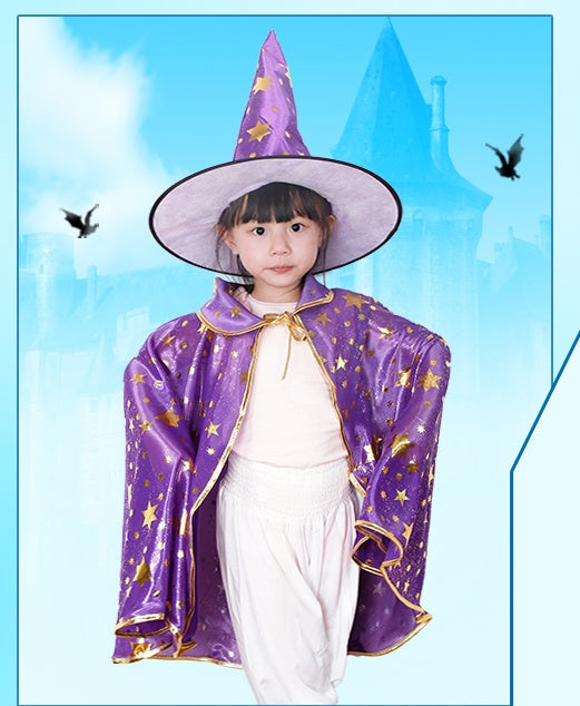 Kids Wizard Cloak Costume with Hat Star Print Polyester Cape for Halloween Party Dress Up