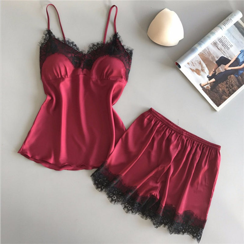 Women's Sling Ice Ribbon Chest Pad Silk Loungewear Two-Piece Set