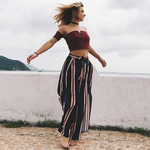 Women’s Striped Wide-Leg Split Hem High Waist Cotton Pants – Casual Streetwear