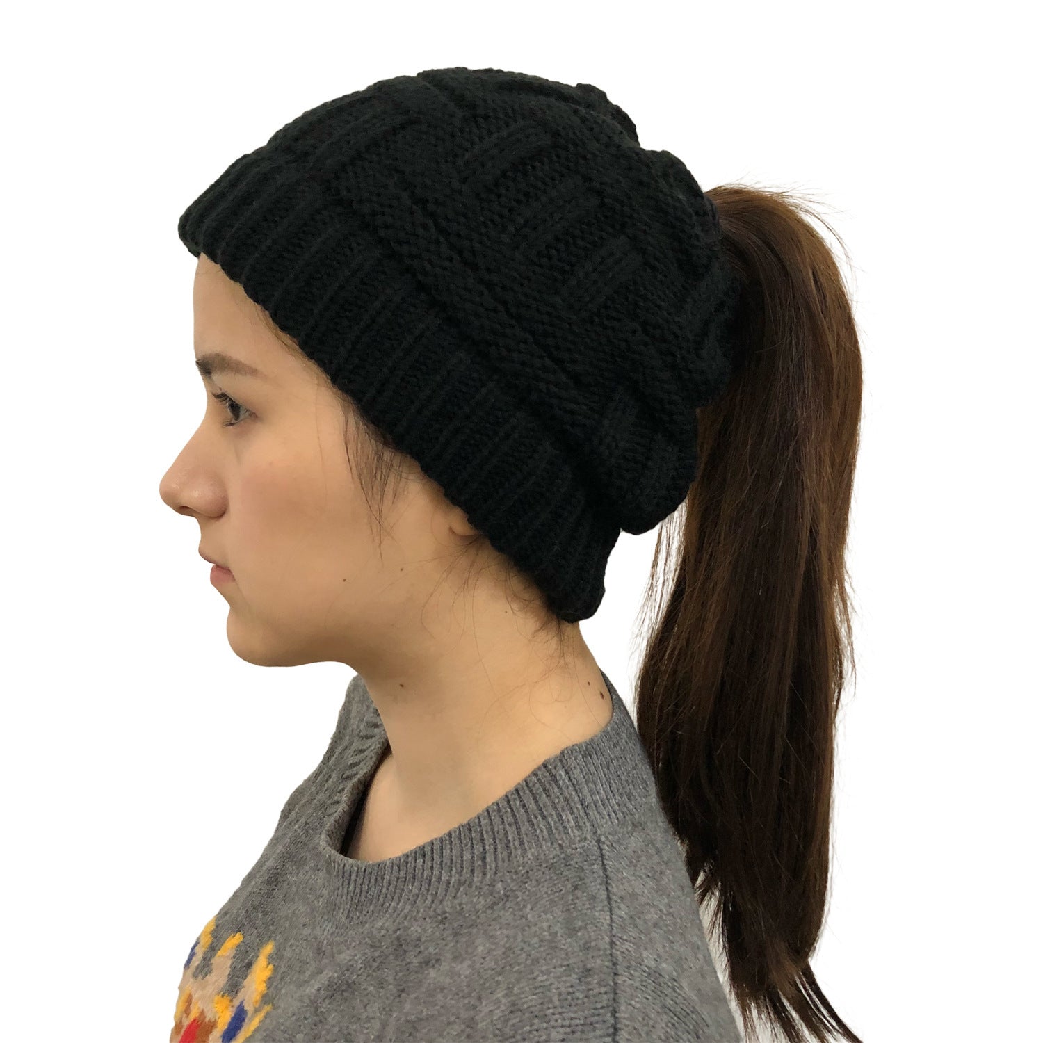 Soft Adjustable Wool Knit Ponytail Winter Hat for Women