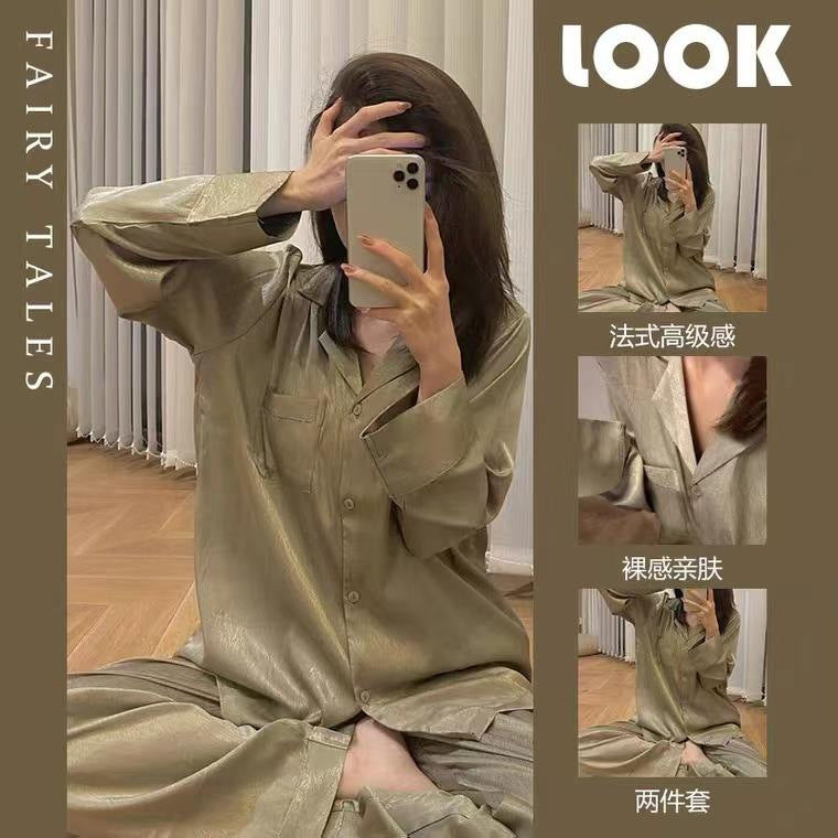 Women's Fashion Jacquard Plaid Ice Silk Home Wear Suit