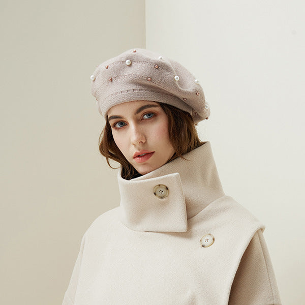 Elegant Pearl-Embellished Korean Rabbit Fur Women’s Autumn Winter Beret