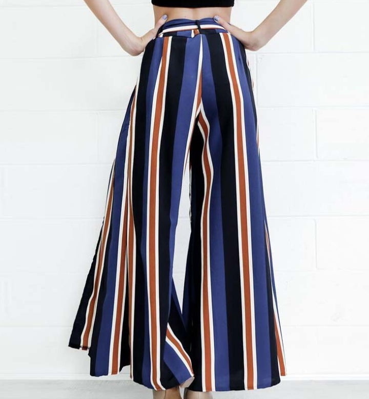 Women’s Striped Wide-Leg Split Hem High Waist Cotton Pants – Casual Streetwear