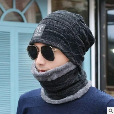 Winter Knitted Hat with Crossed Scarf Neck Warmer