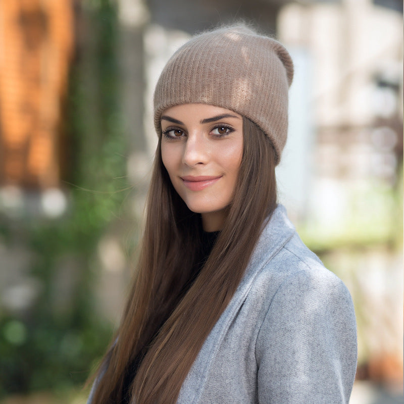 Soft Grey Long Rabbit Fur Pullover Korean Knitted Hat