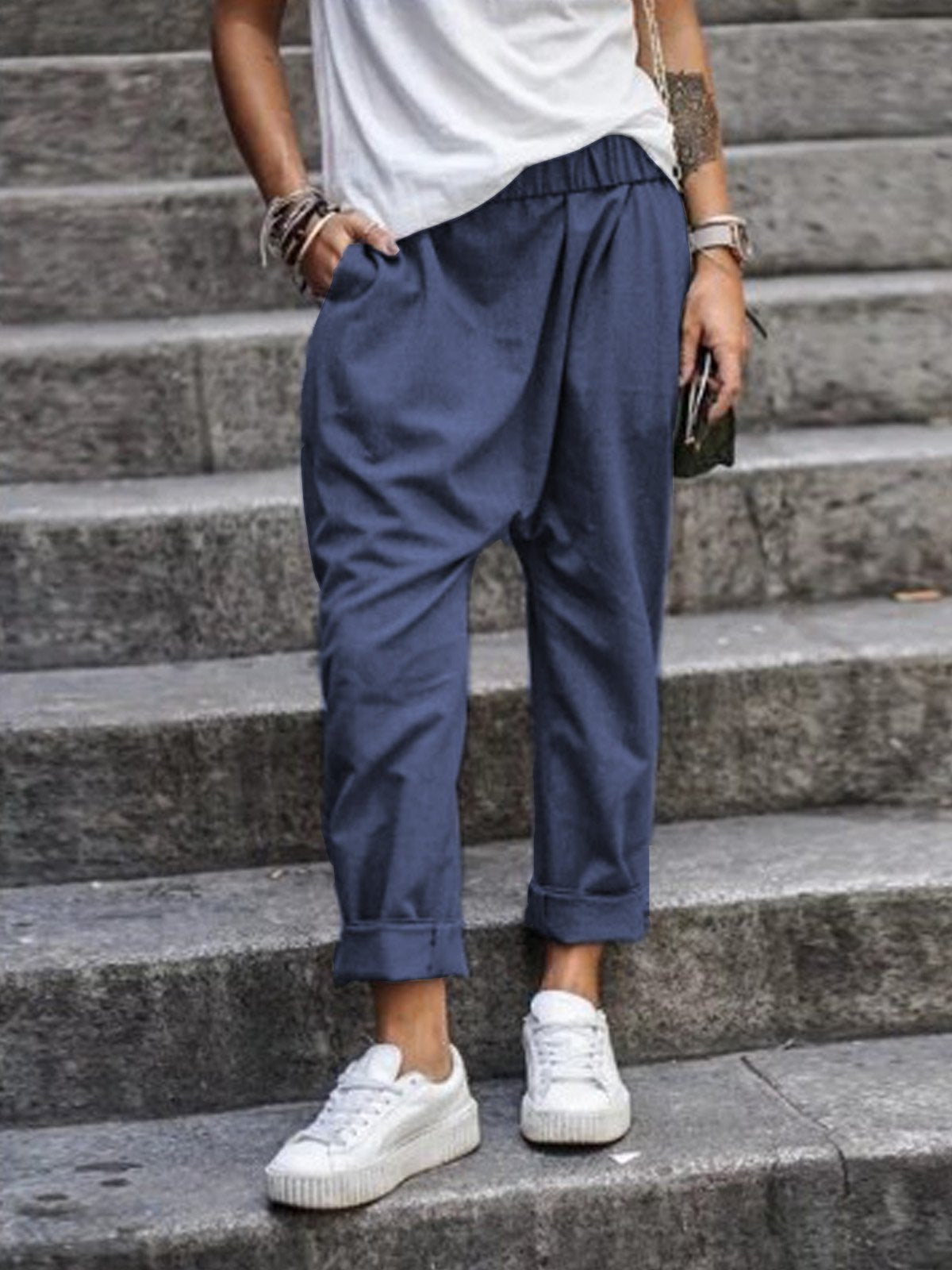 Women’s Casual Harem Pants with Pockets – Elastic High Waist Fashion Streetwear Trousers