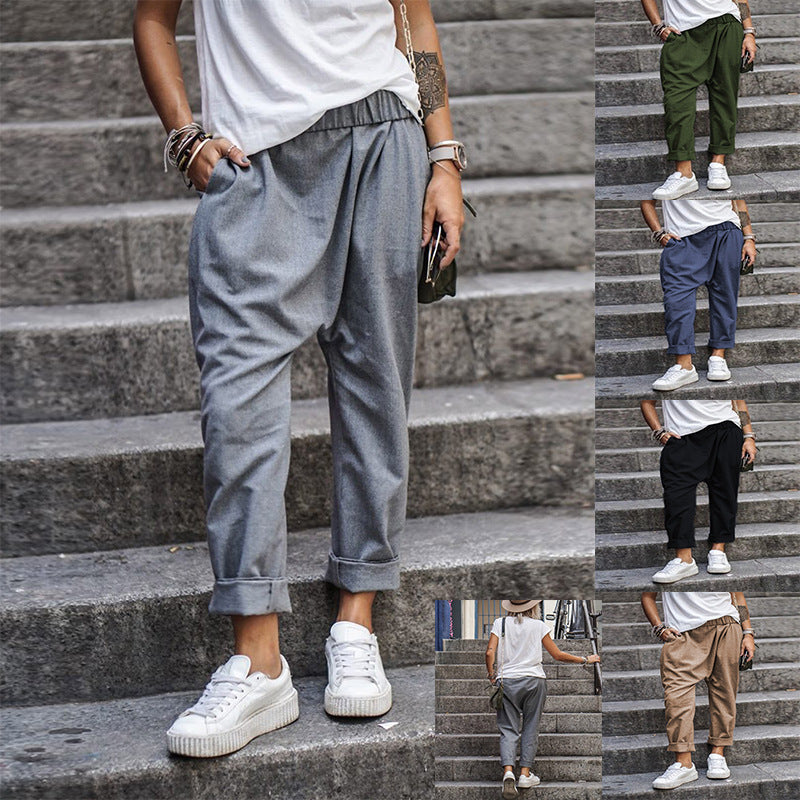 Women’s Casual Harem Pants with Pockets – Elastic High Waist Fashion Streetwear Trousers
