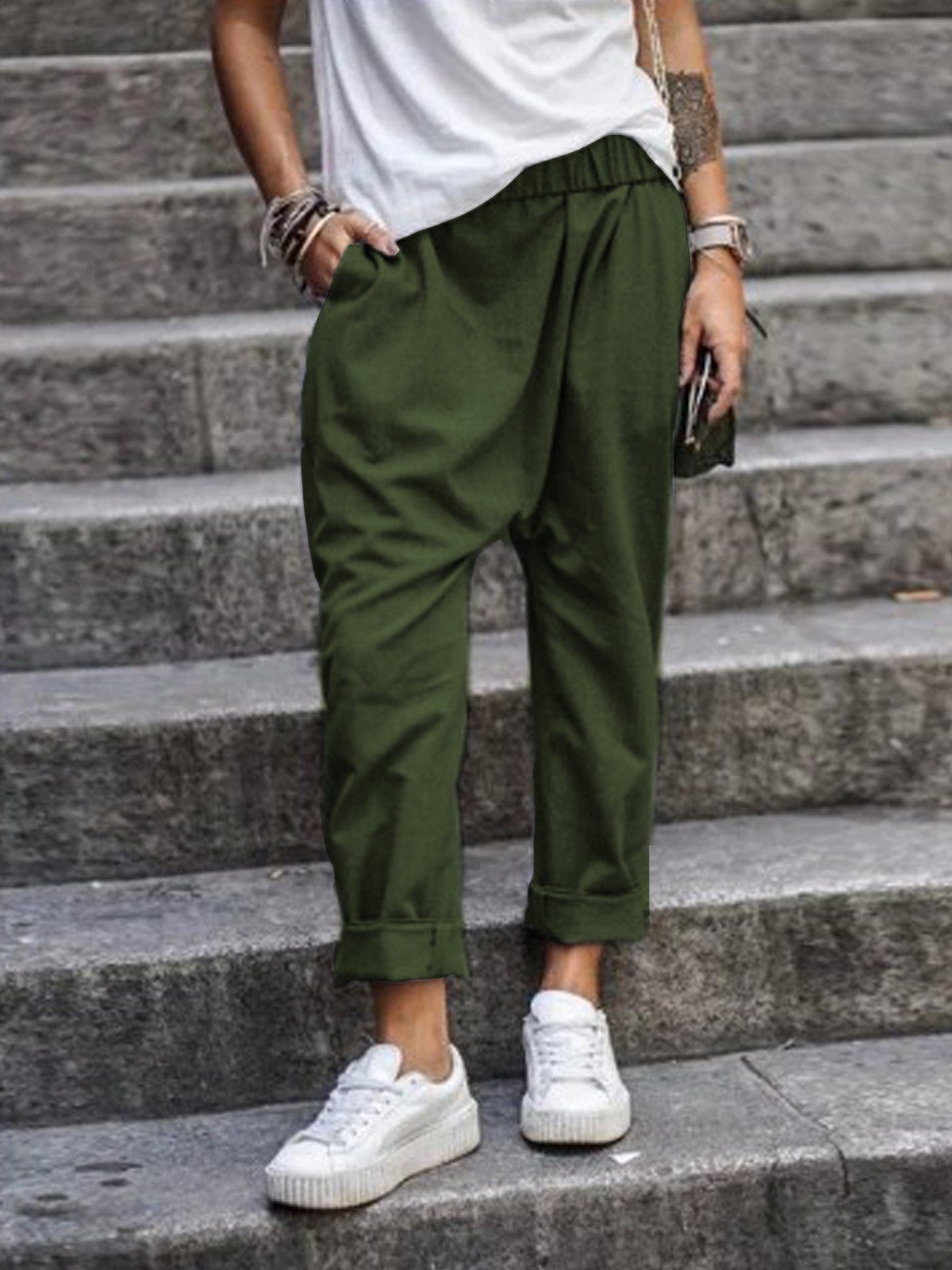 Women’s Casual Harem Pants with Pockets – Elastic High Waist Fashion Streetwear Trousers
