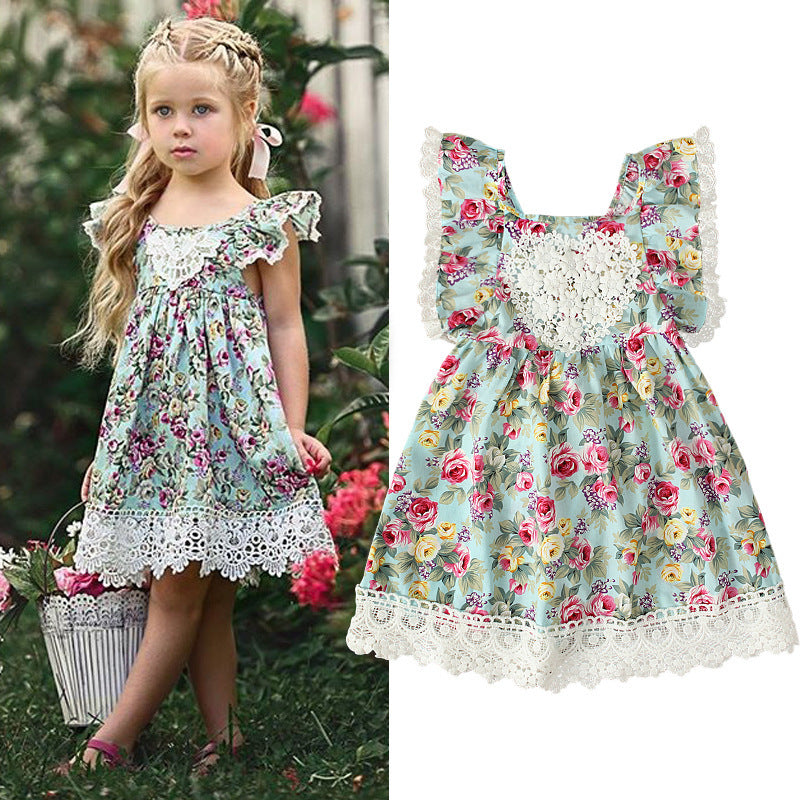 Girls Off Shoulder Lace Dress Cotton Polyester Floral Print