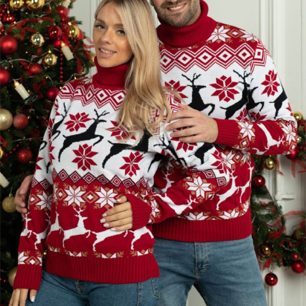 Men’s & Women’s Couple Wear Christmas Elk Jacquard Turtleneck Sweater – Cozy Pullover