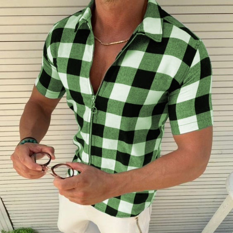 Mens Plaid Short Sleeve Shirt Regular Fit Acetate Lapel