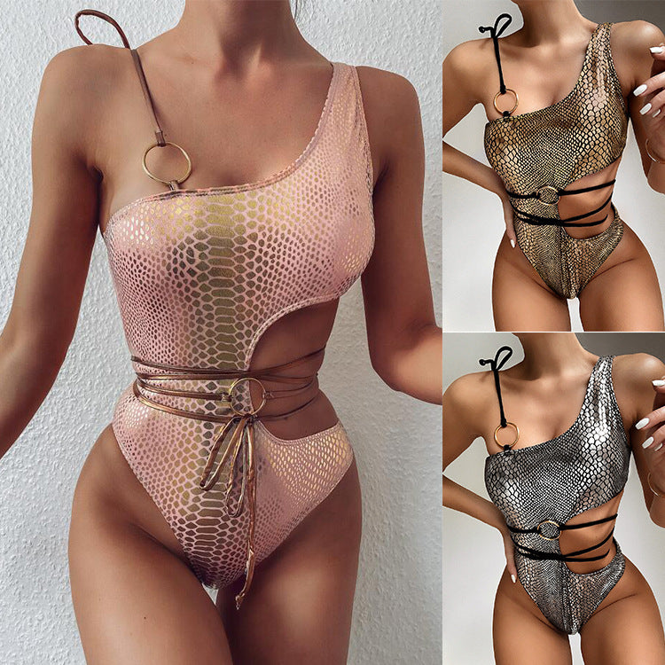 Women’s One-Shoulder Snake Print Bikini Set – Beach Swimwear