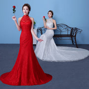 Large Size Red Korean-Style Fishtail Wedding Dress with Hanging Neck