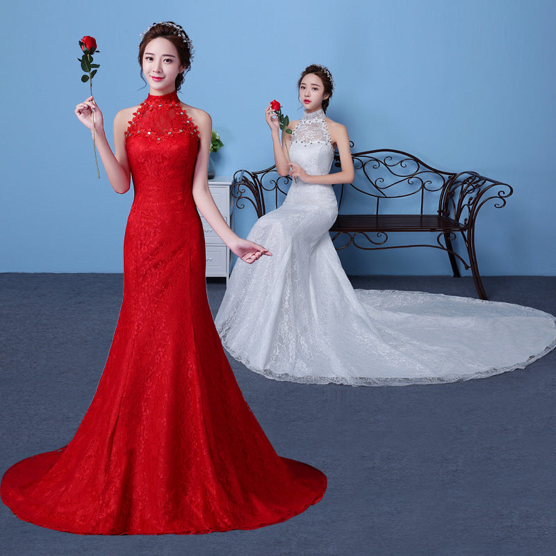 Large Size Red Korean-Style Fishtail Wedding Dress with Hanging Neck