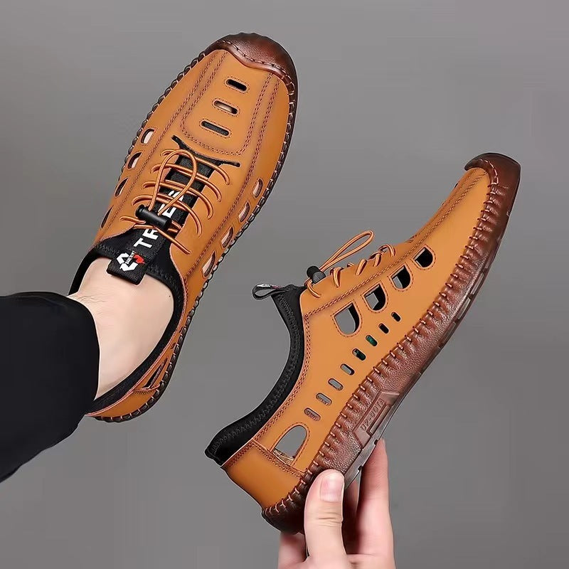Men's Sandals Hollow Leather Soft Bottom Hole Shoes