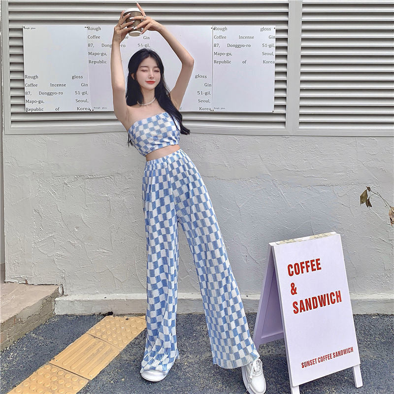 Top Plaid Pleated Wide Leg Pants