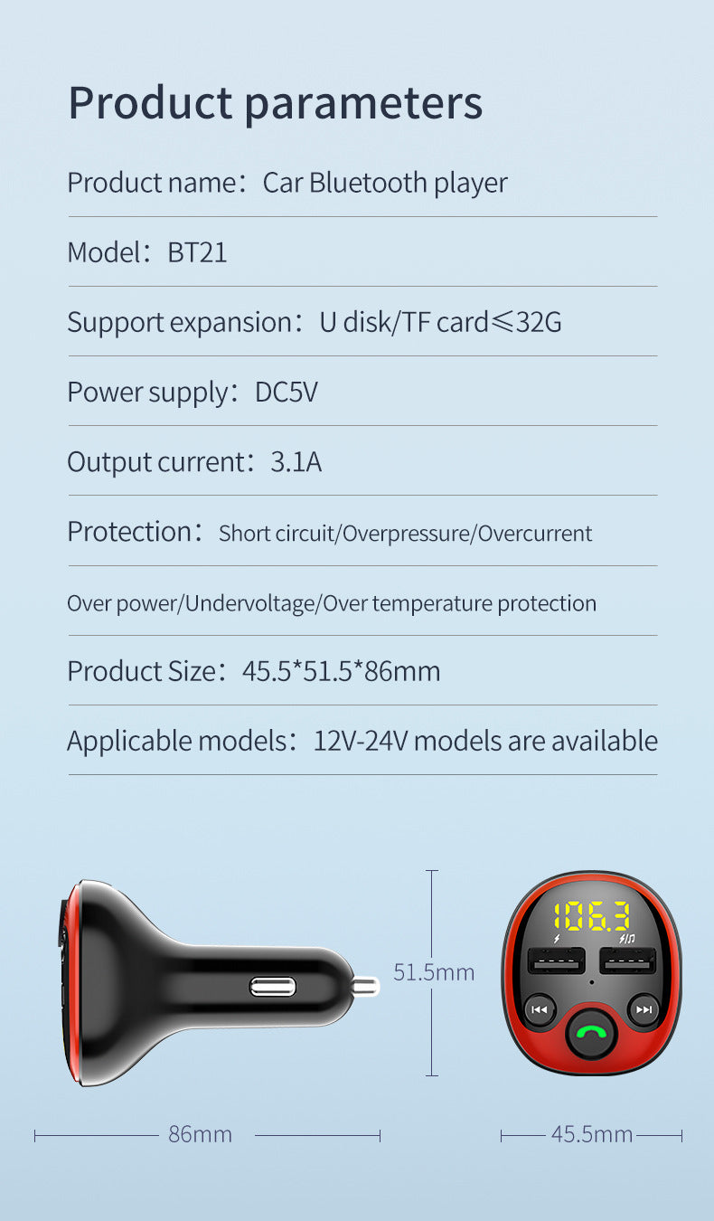 Car Bluetooth FM Transmitter – Dual USB 3.1A Fast Charger with LED Display, Hands-Free Calling, and Music Playback