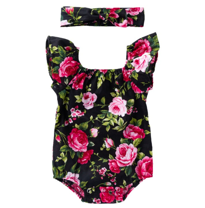 Cotton Baby Romper – Printed Infant Bodysuit with Small Flying Sleeves