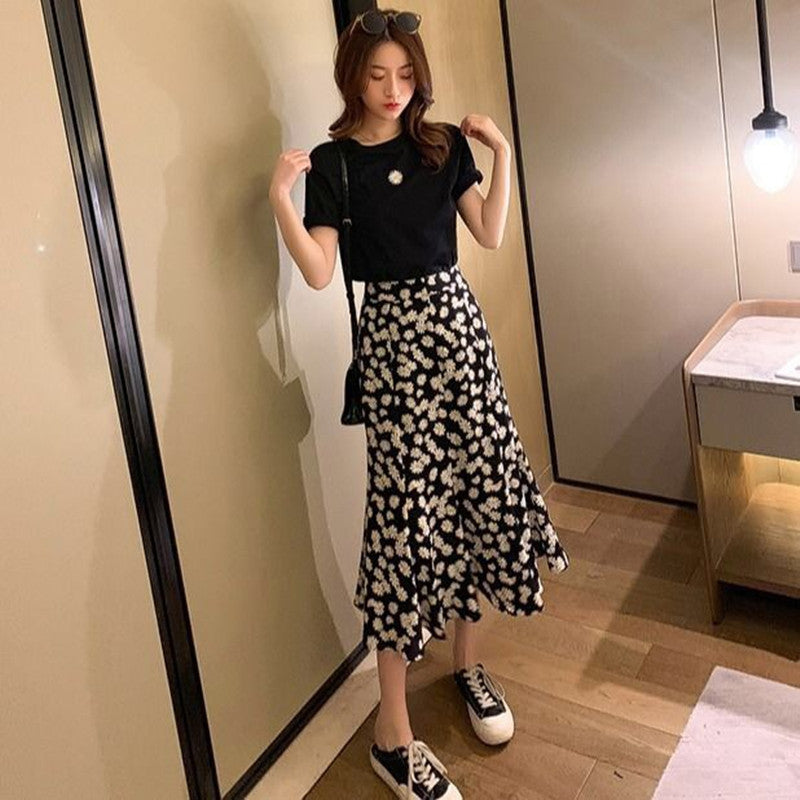 Floral chiffon skirt two piece set