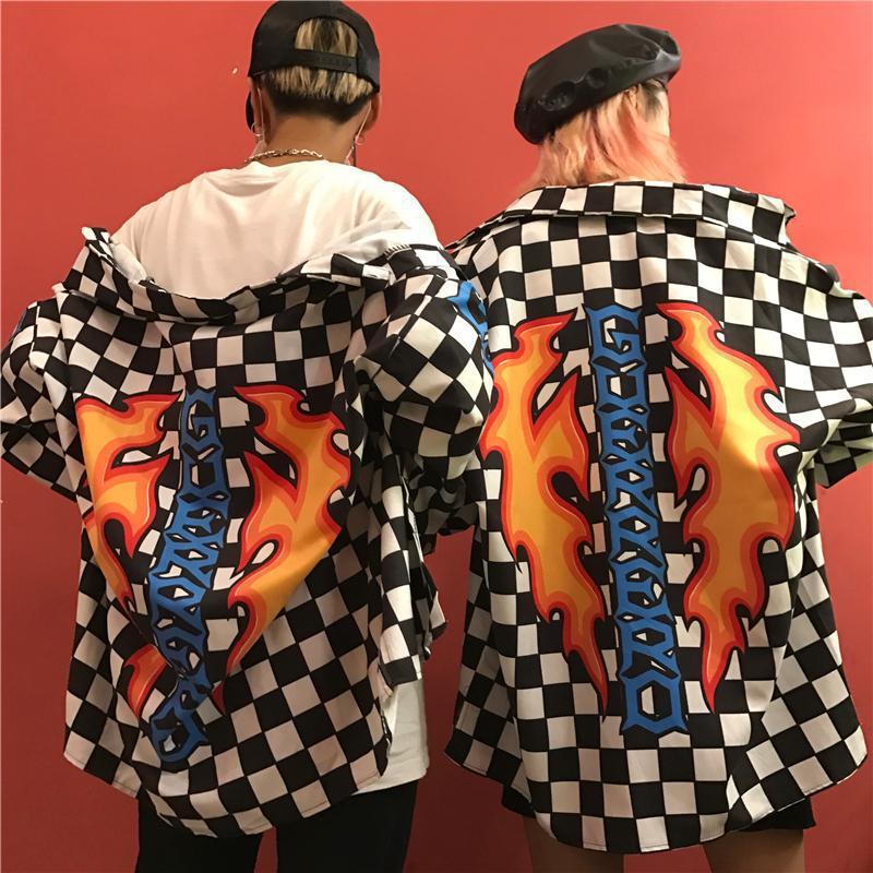 Back Flame Black And White Plaid Shirt Jacket For Men And Women