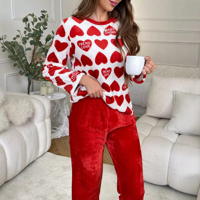 Unisex Flannel Pajama Set Thickened Red Polyester Sleepwear