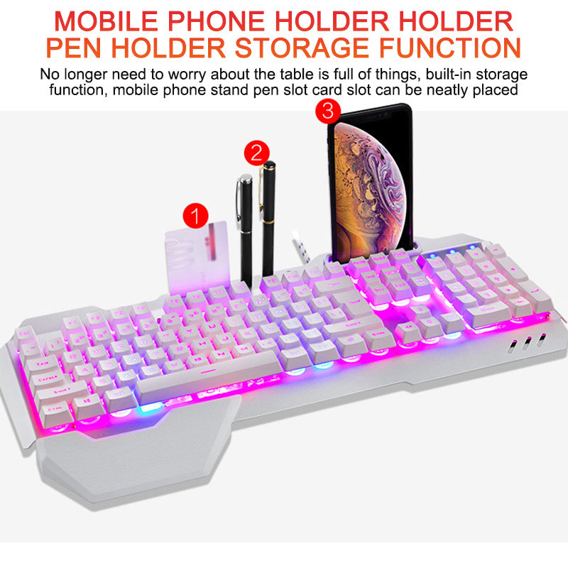 Ergonomic Wired Gaming Keyboard with RGB Backlight & Phone Holder – Full-Size, Anti-Ghosting