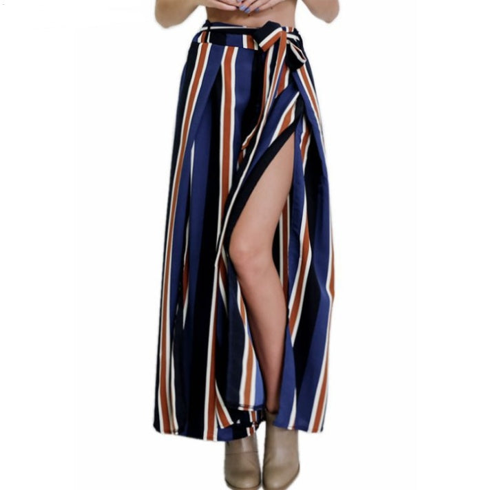 Women’s Striped Wide-Leg Split Hem High Waist Cotton Pants – Casual Streetwear