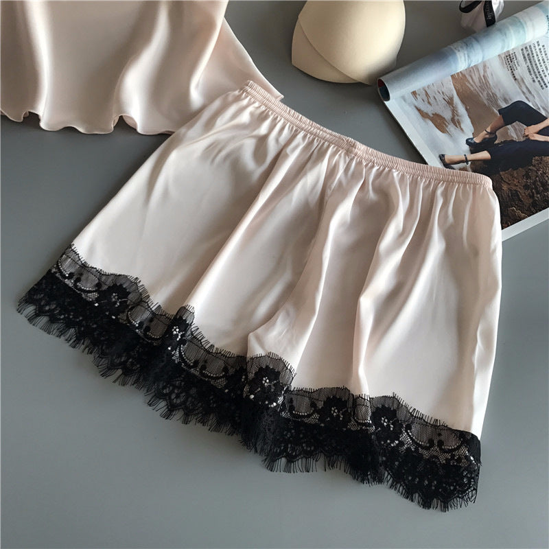 Women's Sling Ice Ribbon Chest Pad Silk Loungewear Two-Piece Set
