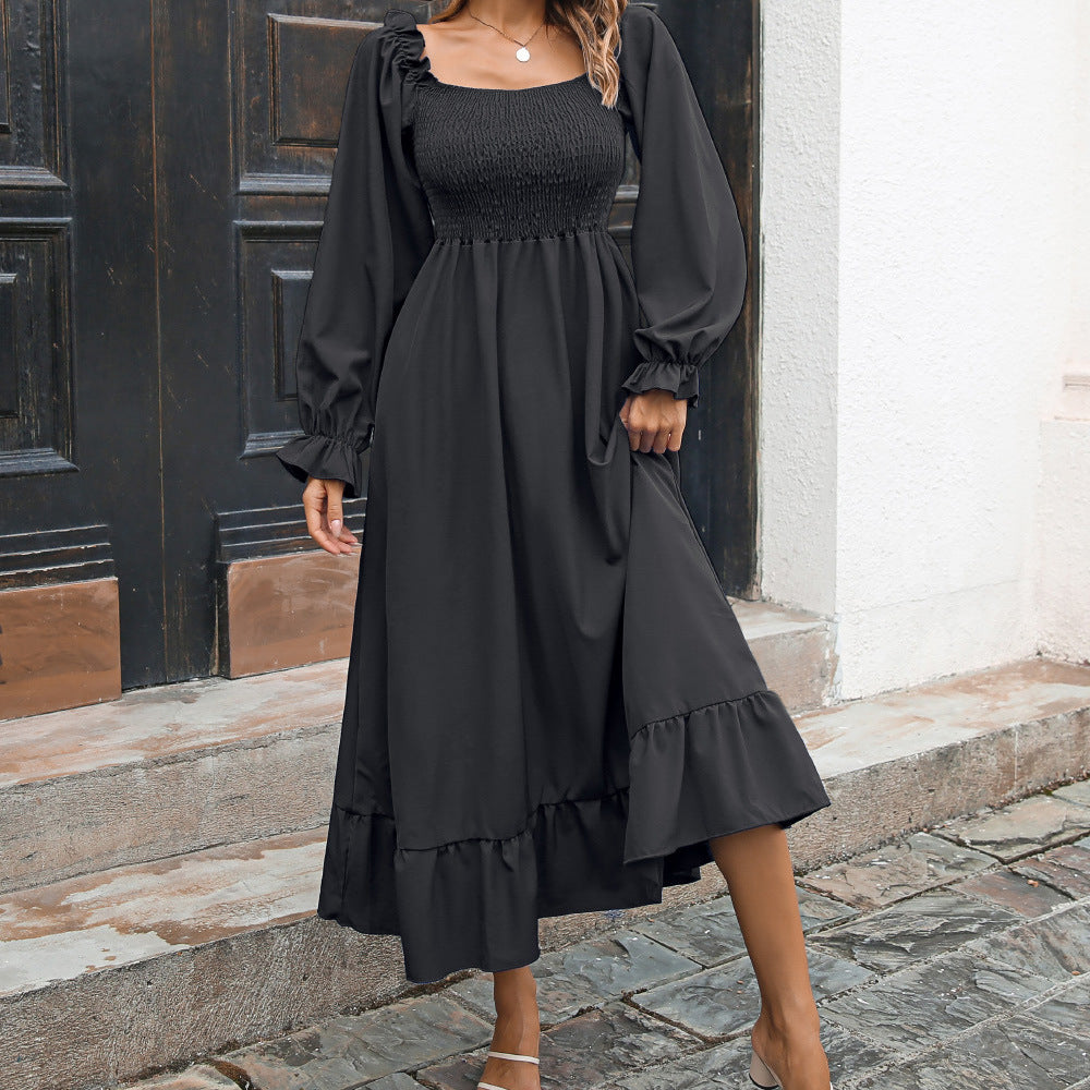Flared Sleeve Casual Ruffled Square Collar Elastic Waist Large Swing Spring Dress