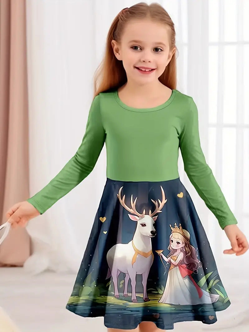 Girl's Long-sleeved Dress Christmas Deer