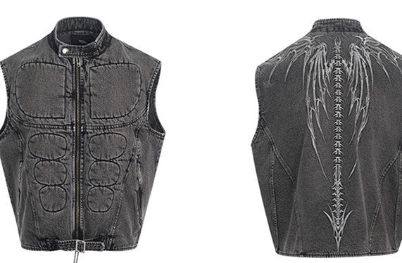 Dorsal Spine Wings Embroidery Short Denim Vest Coat