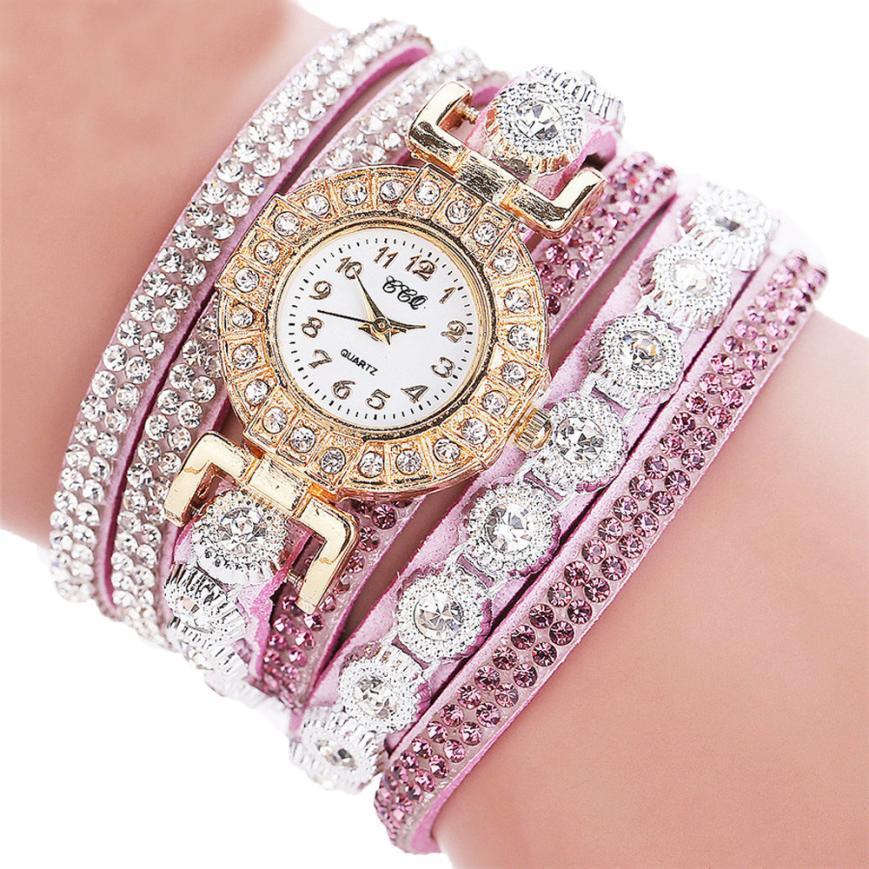 Fashion Luxury Women's Quartz Rhinestone PU Leather Bracelet Watch