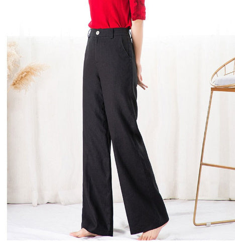 Women’s Cotton & Linen Long Pants – Loose High-Waist Straight Drape Casual Trousers