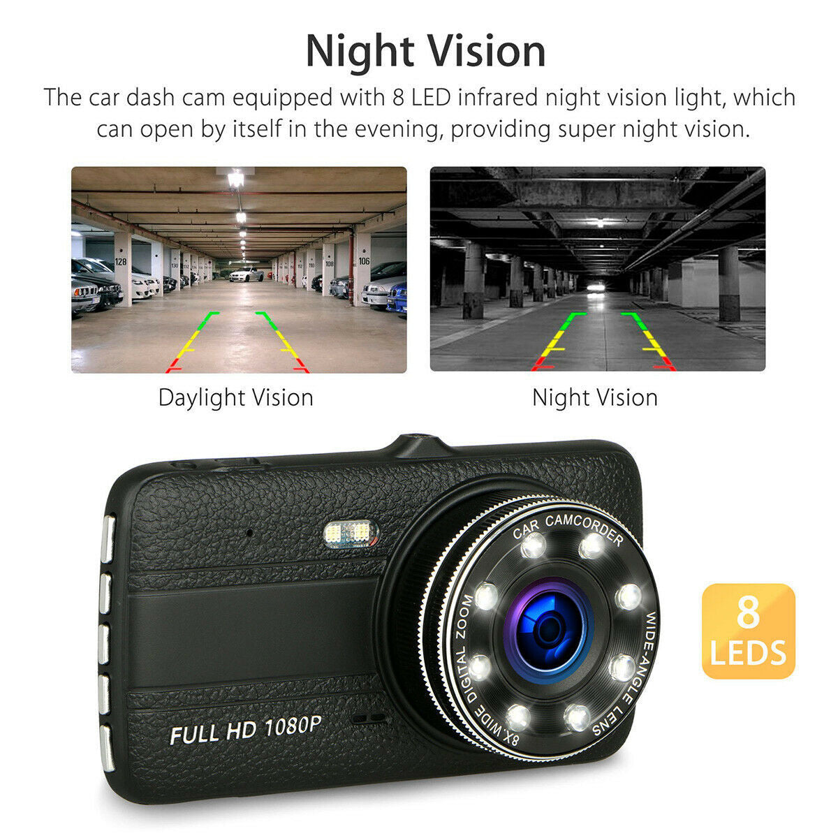 Dash Cam with 8 IR Lights – HD Night Vision Driving Recorder