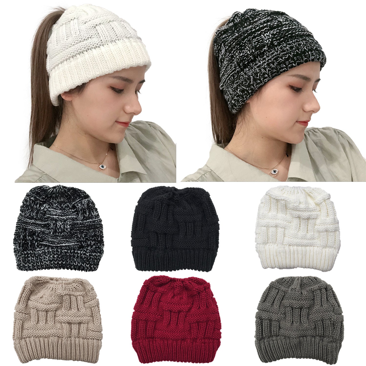 Soft Adjustable Wool Knit Ponytail Winter Hat for Women