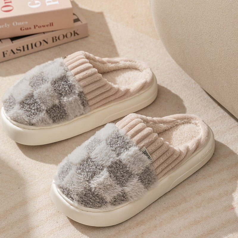 Women’s Plaid Plush Slippers – Indoor Warm Non-Slip Thick Sole Home Shoes Autumn Winter