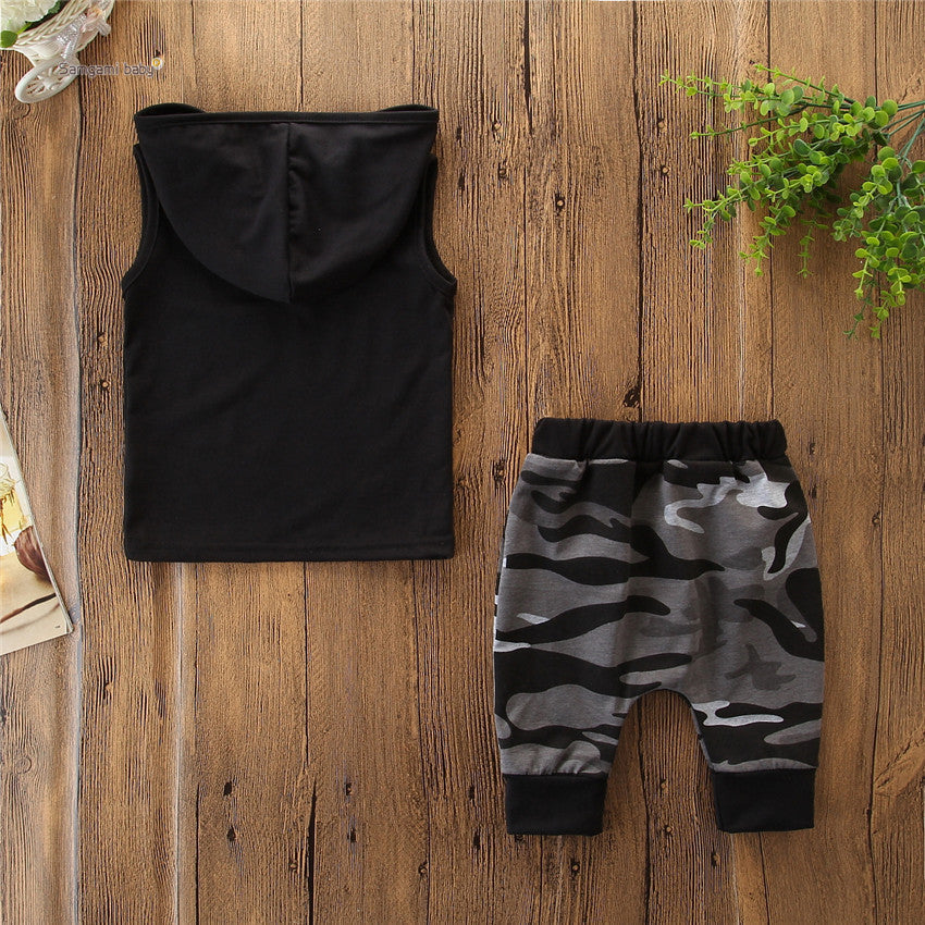 Kids Sleeveless Hoodie Tee Cotton Camo Pants Set Slim Fit