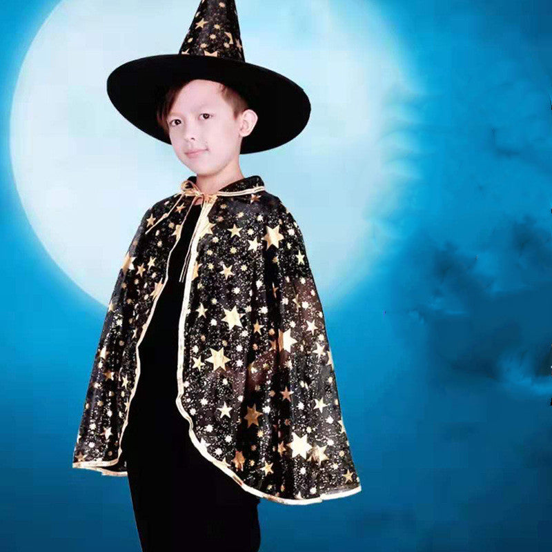Kids Wizard Cloak Costume with Hat Star Print Polyester Cape for Halloween Party Dress Up