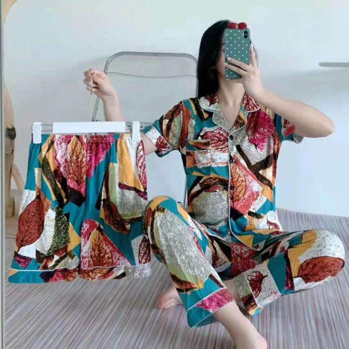 Women's Fruit Print Milk Silk Pajama Set Short Sleeve