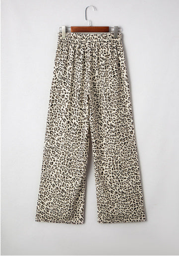 Brown Leopard Print Drawstring Elastic Waist Loose Pants