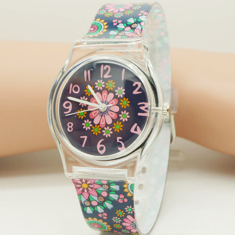 Korean Style Floral Round Dial Children’s Quartz Watch with PVC Strap