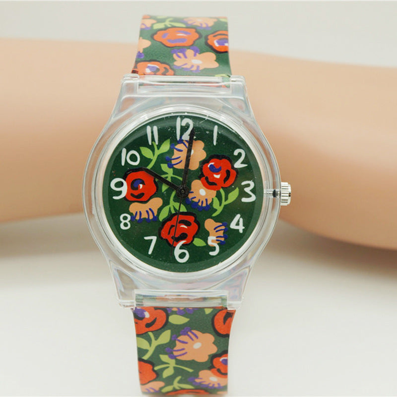 Korean Style Floral Round Dial Children’s Quartz Watch with PVC Strap