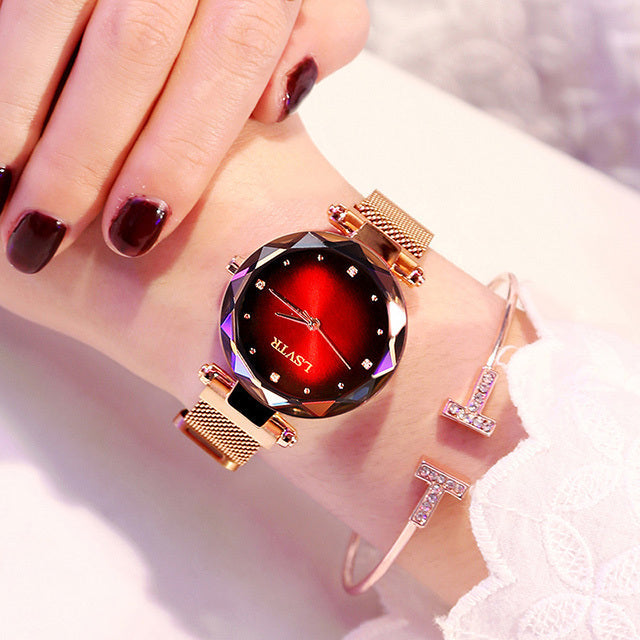 Slim Rose Gold Women's Diamond Starry Sky Magnet Strap Watch