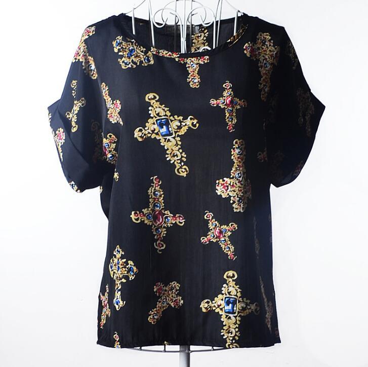 USA Size Loose Fit Chiffon Shirt – Short Sleeve Printed Blouse for Women (Plus Size)