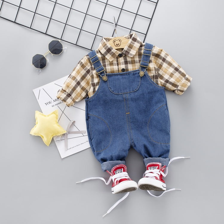 Children’s Long-Sleeved Plaid Shirt with Denim Strap Coverall