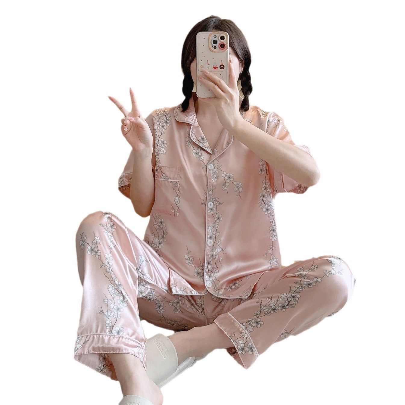 Summer Casual Short Sleeve Comfortable Lapel Ice Silk Home Wear Women
