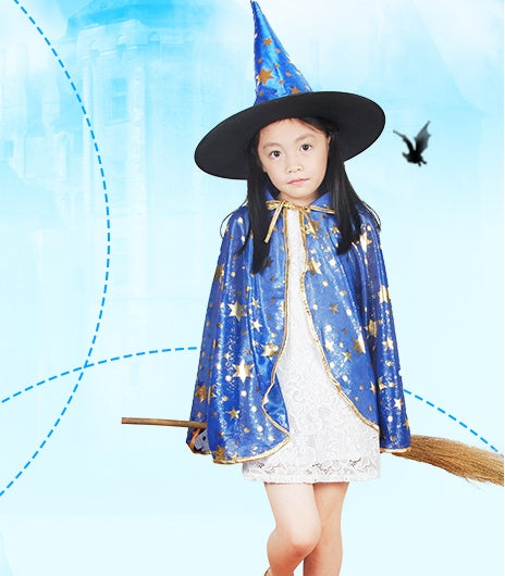 Kids Wizard Cloak Costume with Hat Star Print Polyester Cape for Halloween Party Dress Up