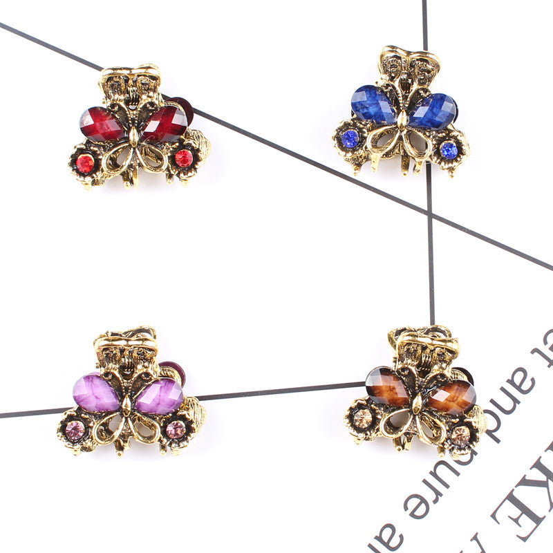 Antique Bronze Diamond and Gemstone Butterfly Grab Clip Hairpin